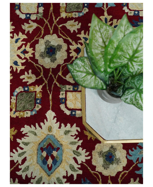 Custom Made Traditional Red, ivory And Blue Floral Hand Tufted Wool Area Rug