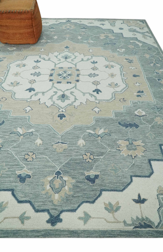 Custom Made Floral Medallion Ivory, Gray, Camel And Blue Hand Tufted Wool Area Rug