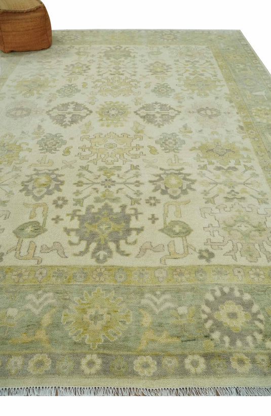 Traditional Hand knotted Ivory and Olive Oushak Multi Size wool Area Rug