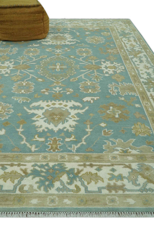 Custom Made Hand Knotted Blue, Green And ivory Oushak Rug Wool Area Rug