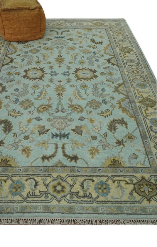Custom Made Hand Knotted Traditional Floral Aqua, Beige, Gray And Charcoal Wool Area Rug