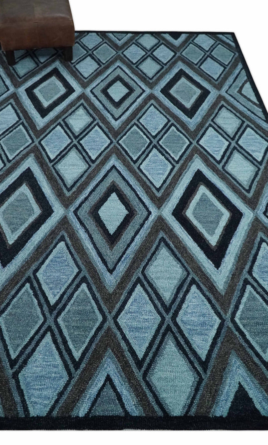 Custom Made Blue, Charcoal And Black Geometrical Harlequin Pattern Hand Tufted Wool Area Rug