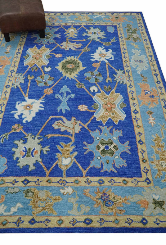 Custom Made Traditional Oushak Blue, Aqua And Camel Hand Tufted  Wool Area Rug