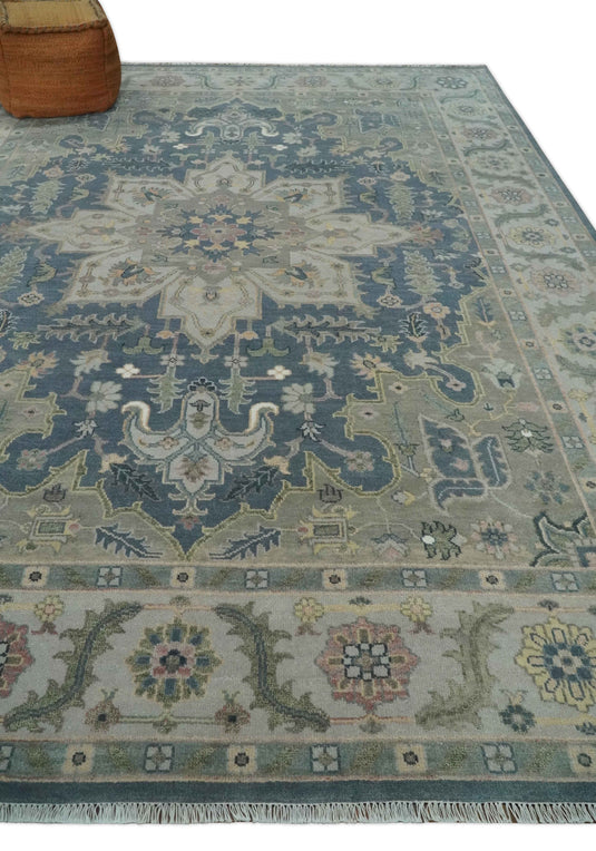 Traditional Persian Grey, Olive and Beige Hand knotted 9x12 Heriz wool Area Rug