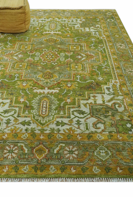 Custom Made Green, Gold And Silver Hand Knotted Traditional Heriz Wool Area Rug