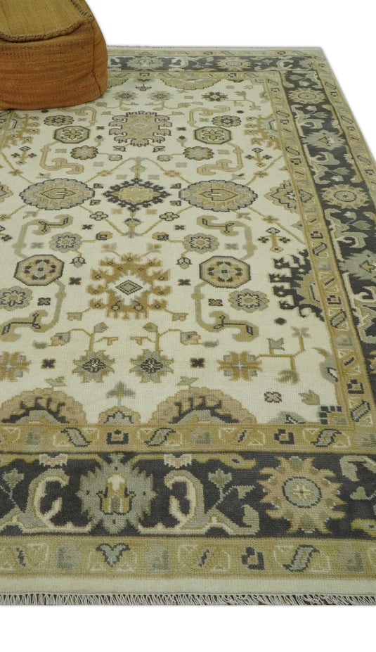 Custom Made Hand Knotted Oushak Ivory, Beige, Gray And Charcoal Wool Area Rug