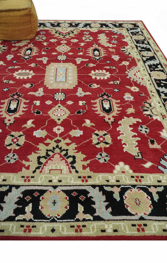 Custom Made Traditional Oriental Red, Black And Beige Hand Knotted Wool Area Rug