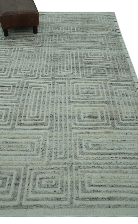 Modern Maze Pattern Gray And White Hand Knotted 5x8 ft Bedroom, Living Room Rug Wool Area Rug