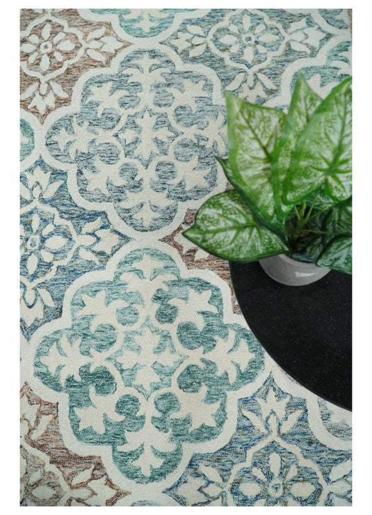 Custom Made Floral Pattern Blue, Rust, Aqua And ivory Hand Tufted Wool Area Rug