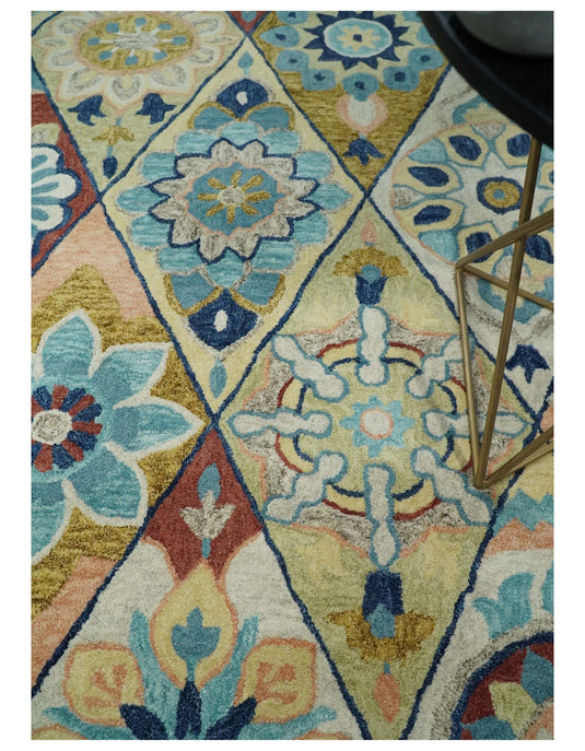 Custom Made Moroccan Trellis Pattern Multicolor Hand Tufted Wool Area Rug