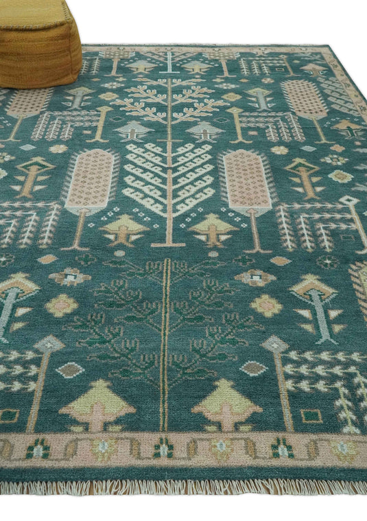 Tree Of Life Teal And Light Brown Hand Knotted 8x10 ft wool Area Rug