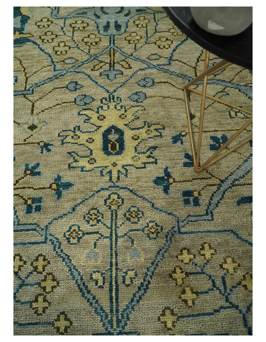 Custom Made Beige, Blue And Gold Oriental Oushak Hand Knotted Wool Area Rug