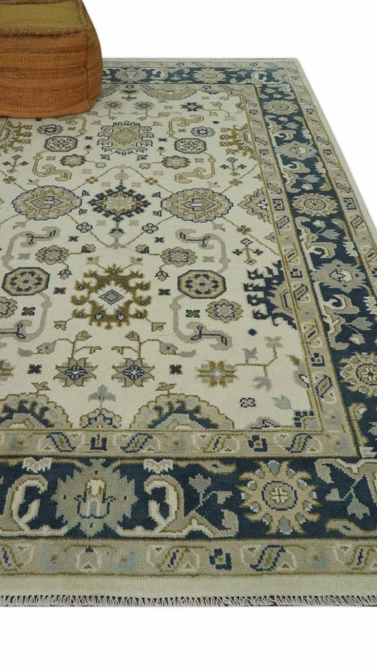 Custom Made Hand Knotted Ivory,Charcoal and Olive Oriental Oushak Rug Wool Area Rug