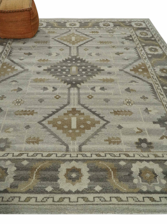 Tribal Pattern Silver, Beige, Charcoal and Ivory Traditional Hand Knotted 8x10 ft wool Area Rug