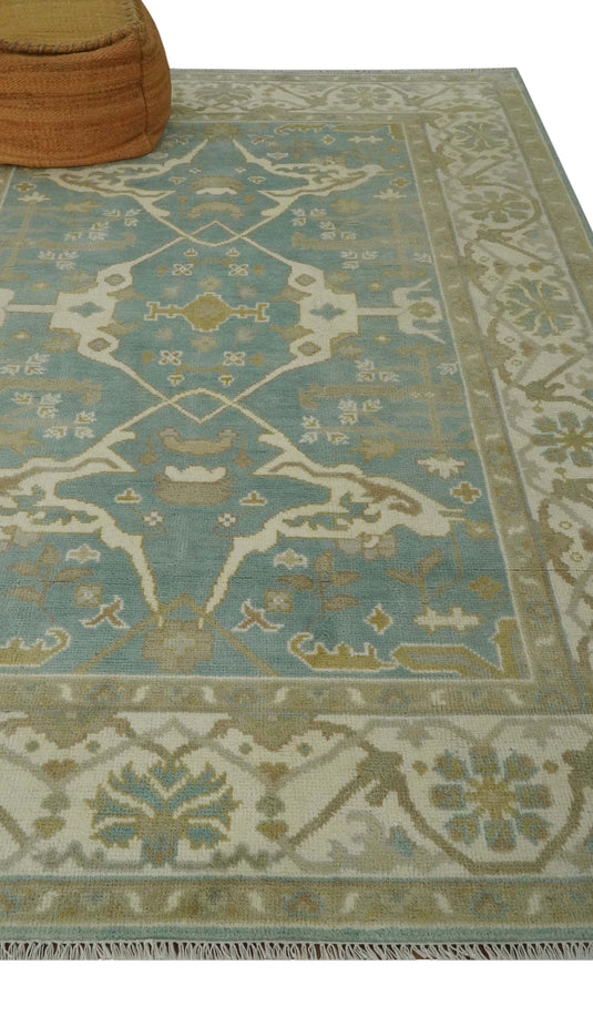 Custom Made Hand Knotted Oriental Oushak Beige, Ivory And Teal Wool Area Rug