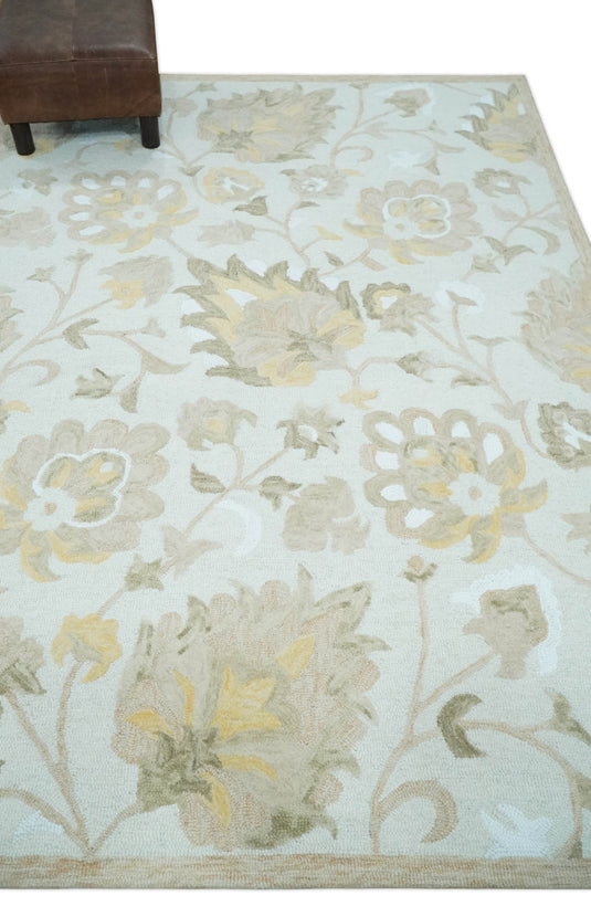 Custom Made Floral Pattern Silver, Olive, Beige And Yellow Hand Tufted Wool Area Rug