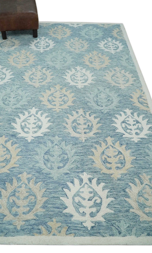 Custom Made Traditional Ikat Pattern Gray, Ivory, Beige And Blue Hand Tufted Wool Area Rug