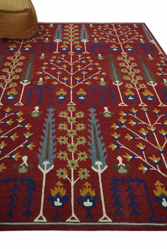 Custom Made Tree Of Life Maroon, Blue, Gray and Gold Hand Tufted Wool Area Rug