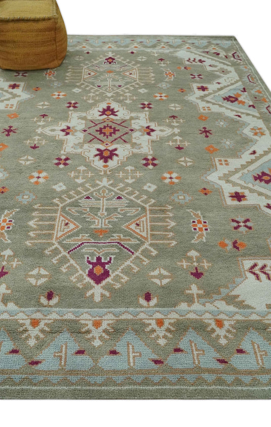 Custom Made Tribal Pattern Olive, Ivory and Pink Traditional Hand knotted  wool Area Rug