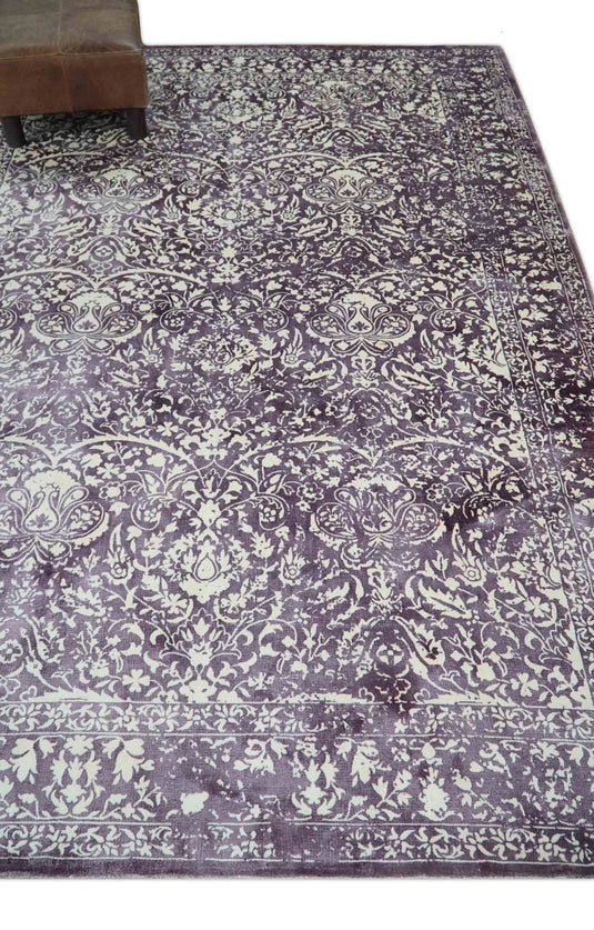 Traditional Floral Purple And Ivory Handloom 5.6x8 ft Bedroom, Living Room Rug Wool And Viscose Area Rug