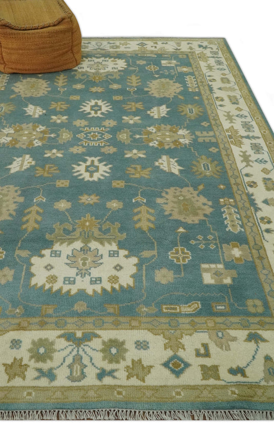 Custom Made Hand Knotted Teal And Beige Classic Oriental Oushak Rug Wool Area Rug