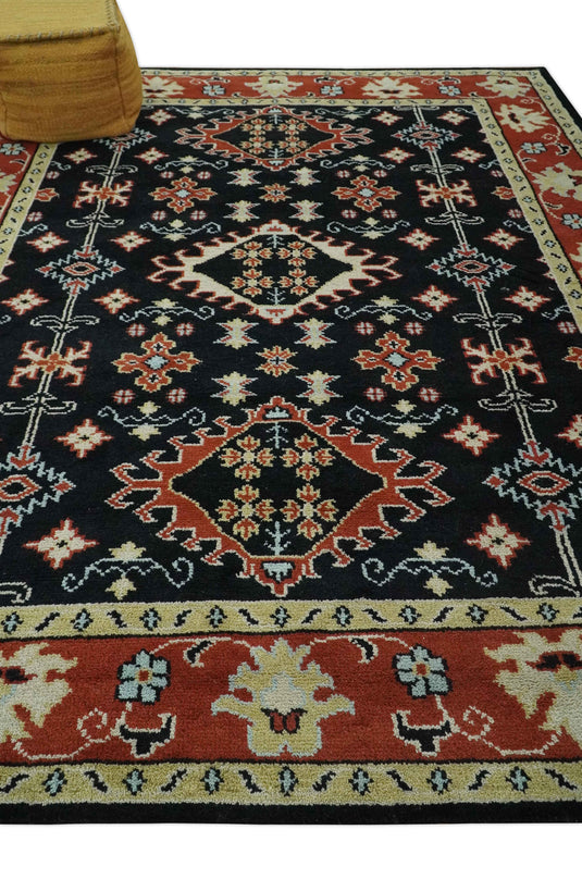 Custom Made Traditional Tribal Pattern Black, Rust And Ivory Hand Knotted Wool Area Rug