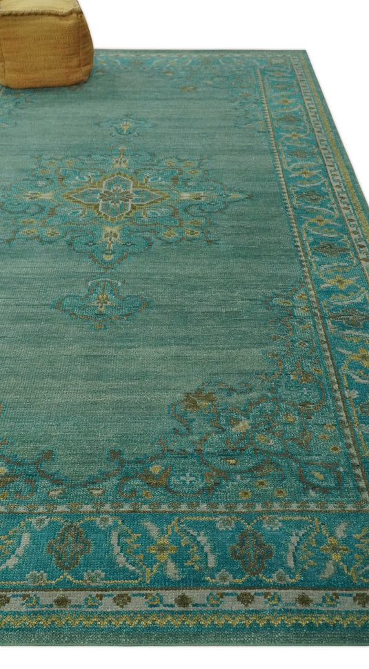 Custom Made Traditional Antique Pattern Green Hand Knotted Wool Area Rug