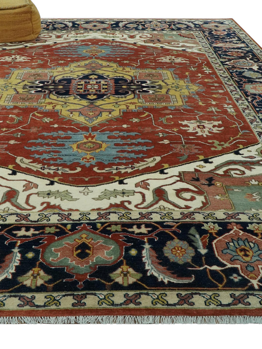 Hand Knotted Traditional Rust, Ivory, Black And Yellow Wool Rug 9x12 ft Ideal for Living, Bedroom And Dining Rooms | CP2475912