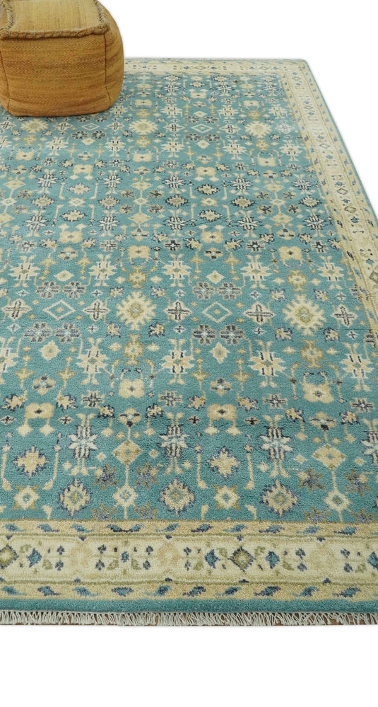 Custom Made Hand Knotted Herati Pattern Rug Teal, Beige and Blue Wool Area Rug