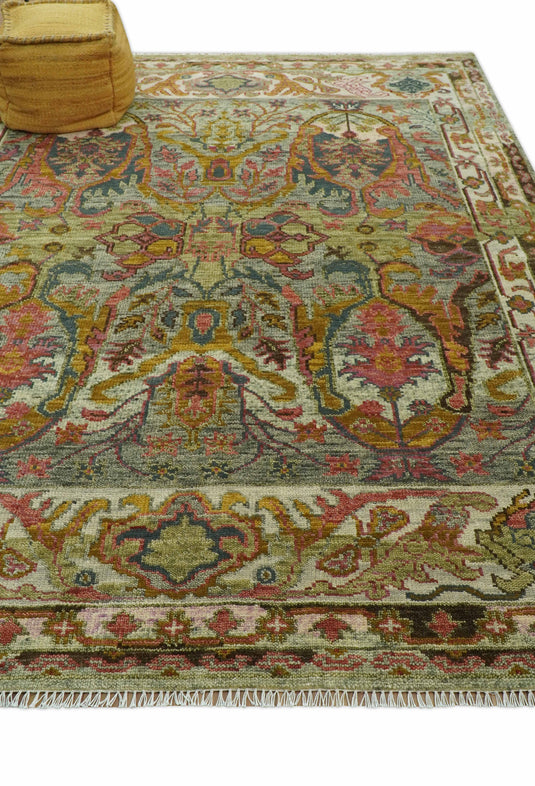 Custom Made Green, Pink, Gold And Silver Traditional Hand Knotted Wool Area Rug