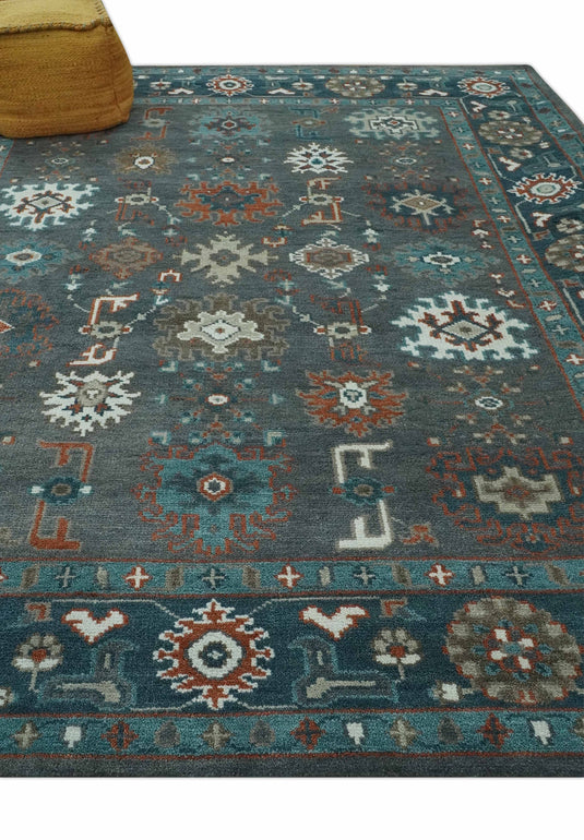 Custom Made Oriental Oushak Pattern Charcoal, Teal, Brown and Ivory Hand Knotted Wool Area Rug