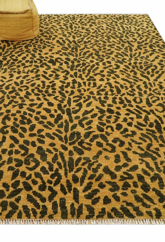 Custom Made Hand Knotted Brown And Black Leopard Print Design Wool Area Rug