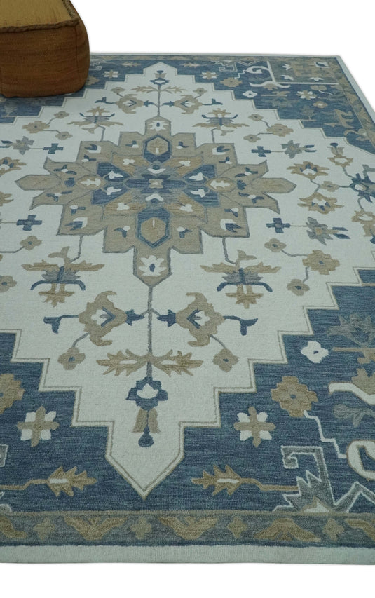 Custom Made Blue, Beige And Ivory Traditional Medallion Hand Tufted Wool Area Rug