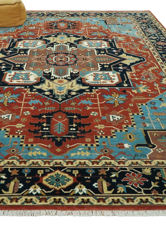 Blue, Black, Rust And Beige Traditional Serapi Hand Knotted Wool Rug 9x12 ft Ideal for Living, Bedroom And Dining Rooms | CP2455912