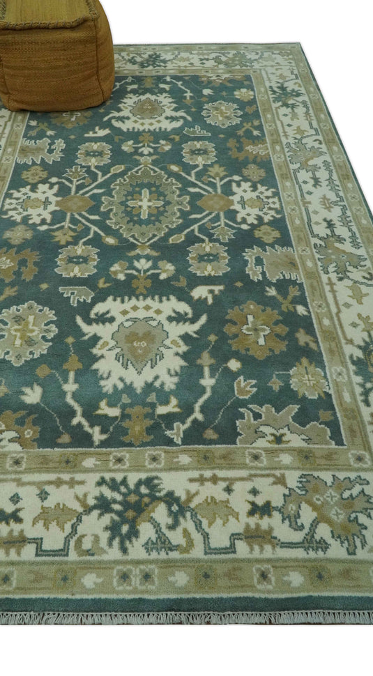 Custom Made Hand Knotted Classic Floral Motifs Oushak Rug Deep Green, Ivory And Olive Wool Area Rug