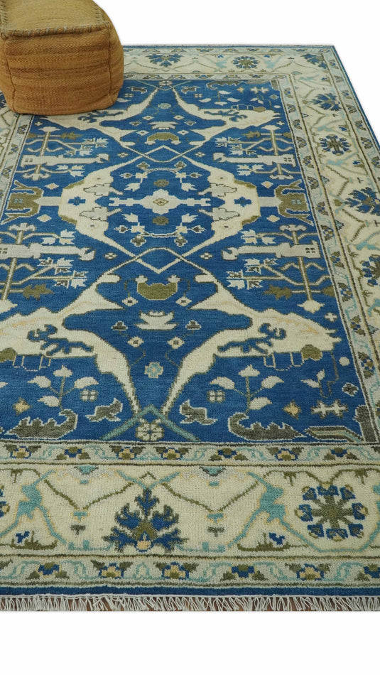 Custom Made Hand Knotted Oriental Oushak Blue, Ivory And Olive Wool Area Rug