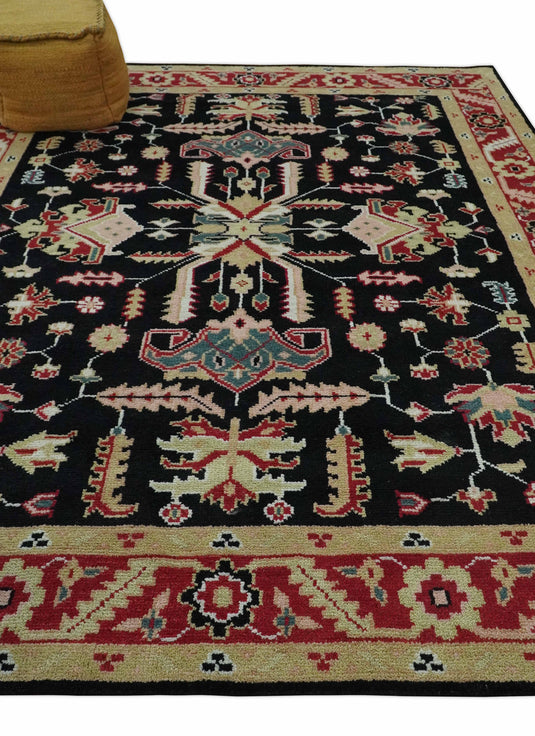 Traditional Pattern Black and Maroon Hand Knotted 8x10 ft wool Area Rug