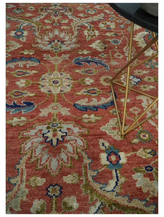 Custom Made Rust, Blue, Ivory And Teal Persian Floral Hand Knotted Wool Area Rug