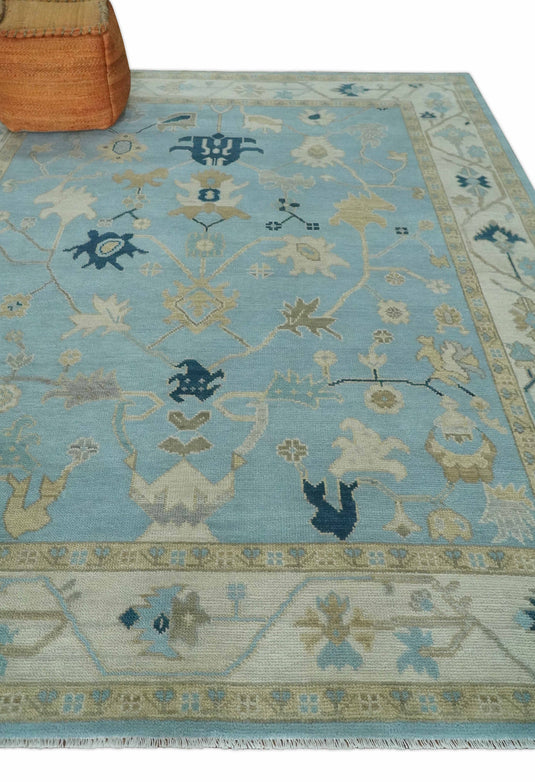 Custom Made Hand Knotted Oushak Blue, Ivory And Beige Wool Area Rug