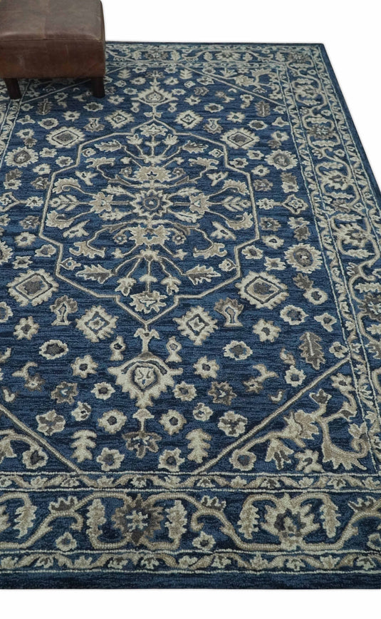 Custom Made Hand Tufted Navy Blue and Beige Traditional Medallion Wool Area Rug