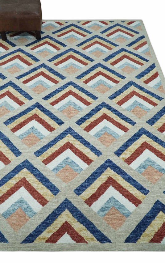 Custom Made Multicolor Modern Geometrical Chevron Pattern Hand Tufted Wool Area Rug