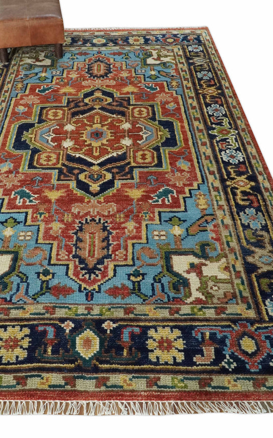 Custom Made Red, Blue, Green And Yellow Heriz Serapi Hand Knotted Wool Area Rug