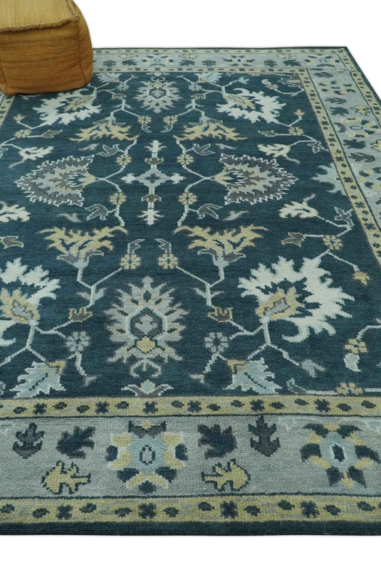 Custom Made Traditional Floral Pattern Dark Teal, Beige, Silver and Ivory Hand Knotted wool Area Rug