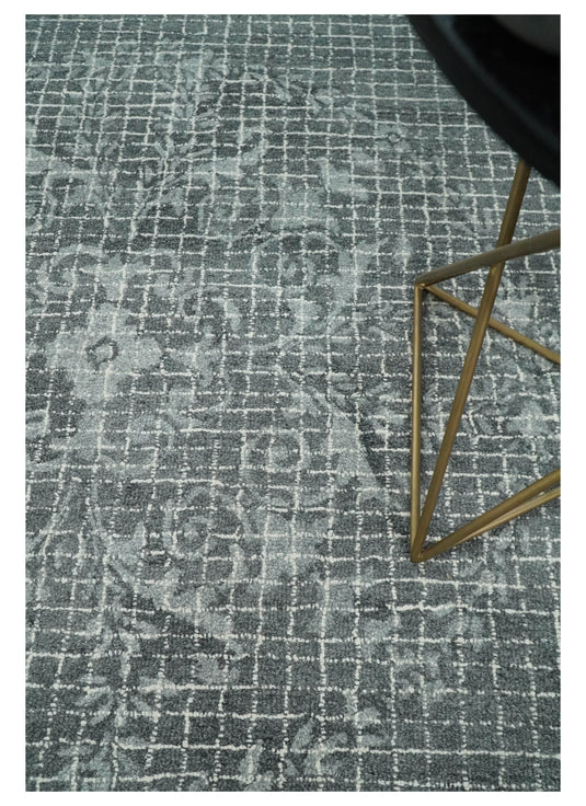 Custom Made Modern Floral Pattern Gray Hand Tufted Wool Area Rug