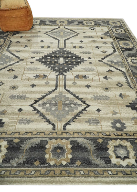 Traditional Tribal Pattern Charcoal, Gray, Beige and Ivory Hand Knotted 8x10 ft wool Area Rug