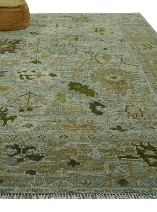Custom Made Hand Knotted Floral Green And Gray Wool Area Rug