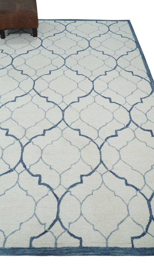 Custom Made Geometrical Trellis Ivory, Blue And Gray Hand Tufted Wool Area Rug