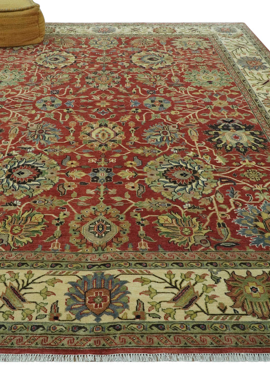 Custom Made Hand Knotted Maroon, Olive, Beige And Ivory Herati Wool Area Rug