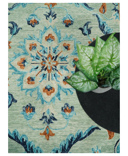 Custom Made Traditional Beige And Blue Hand Tufted Wool Area Rug