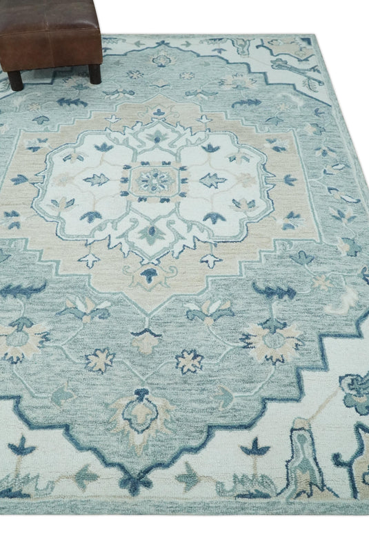 Custom Made Ivory, Gray, Camel And Blue Medallion Hand Tufted Wool Area Rug